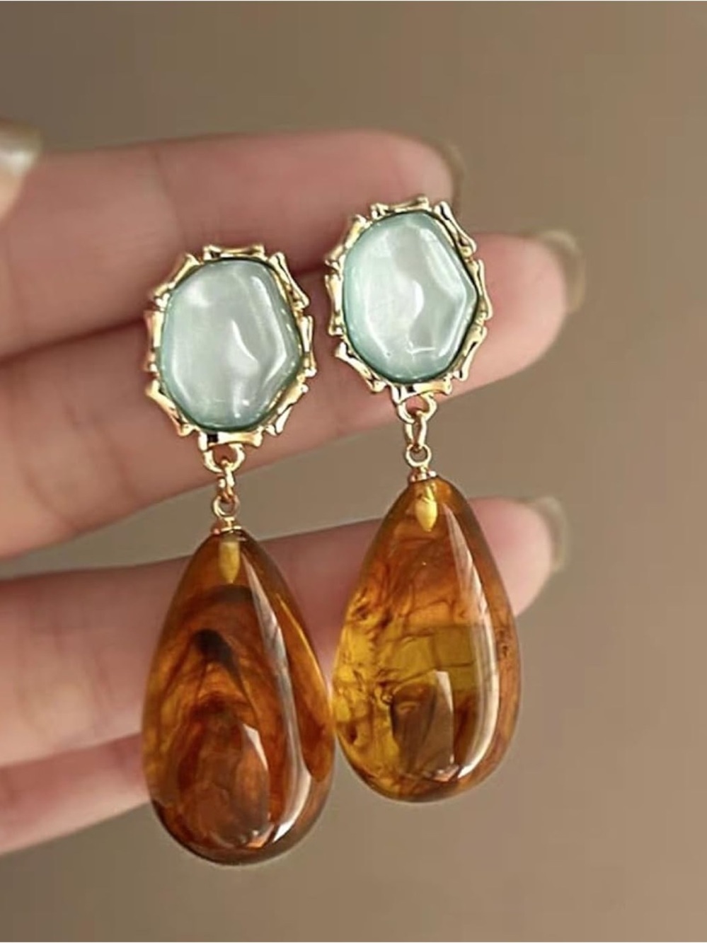 Anthropologie Gold-Tone Earrings with Pale Green Cabochons and Amber Teardrops